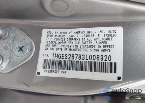 2003 Honda Civic Ex z USA, uszkodzony, nr VIN 1HGES26783L008920